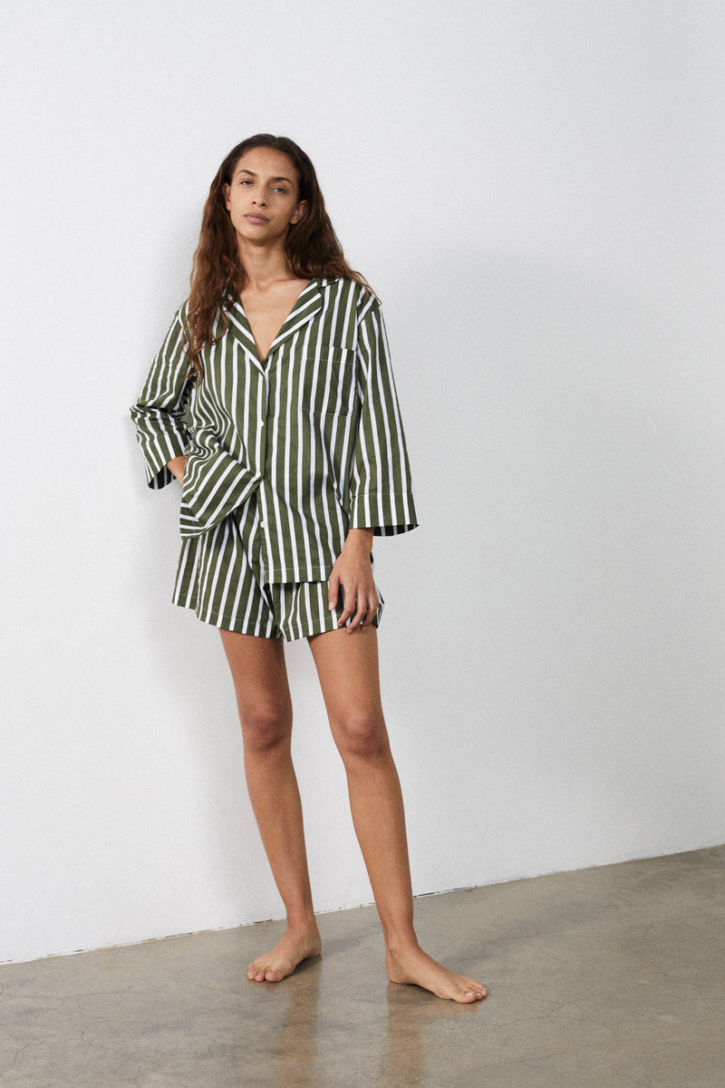 Olive Stripe Pyjama Shorts Set