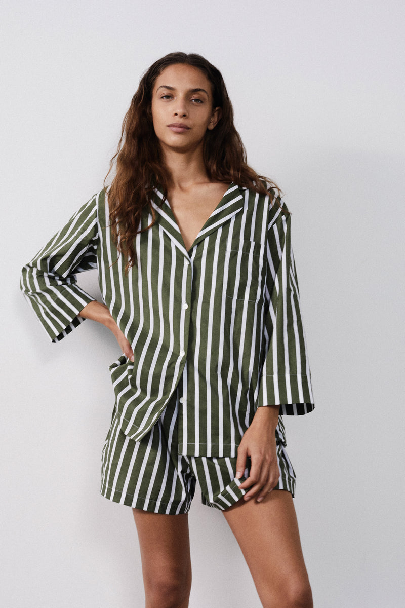 Olive Stripe Pyjama Shorts Set